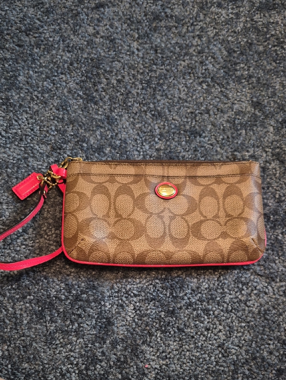 Coach Y2K Brown Signature Wristlet SLG with Coral Pink Trim